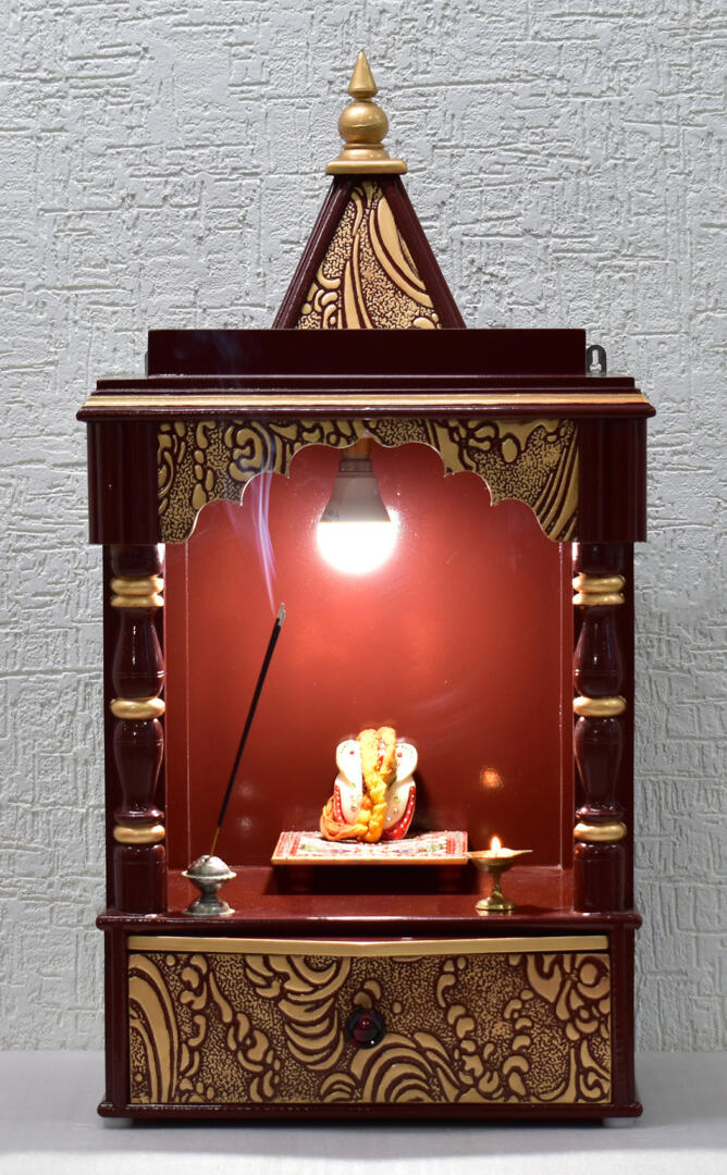 Brown-Golden Pooja Temple/Mandir with Tray and One Drawer - Side Closed - Image 1